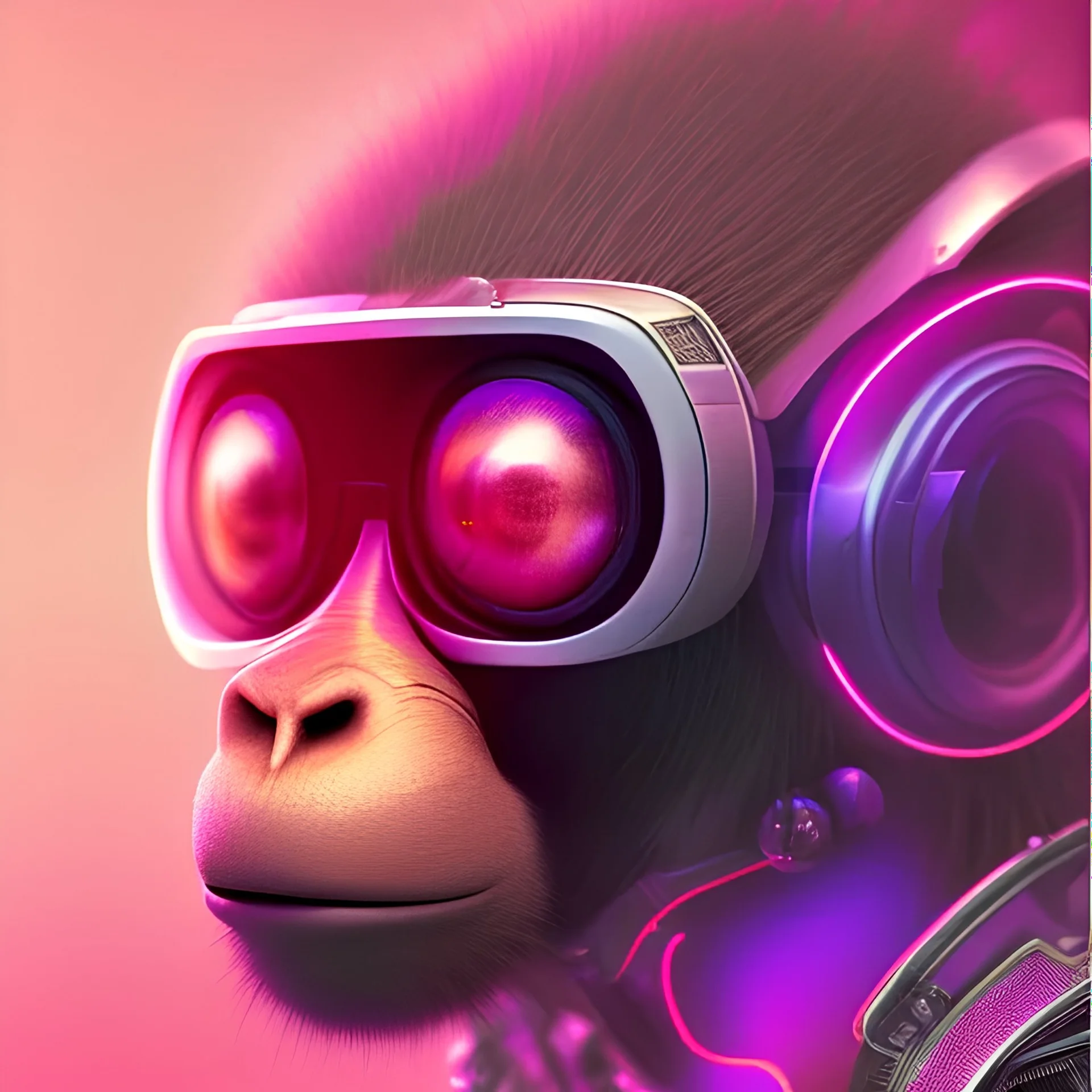 A beautiful portrait of a cyborg monkey purple neon color scheme, high key lighting, volumetric light high details psychedelic background