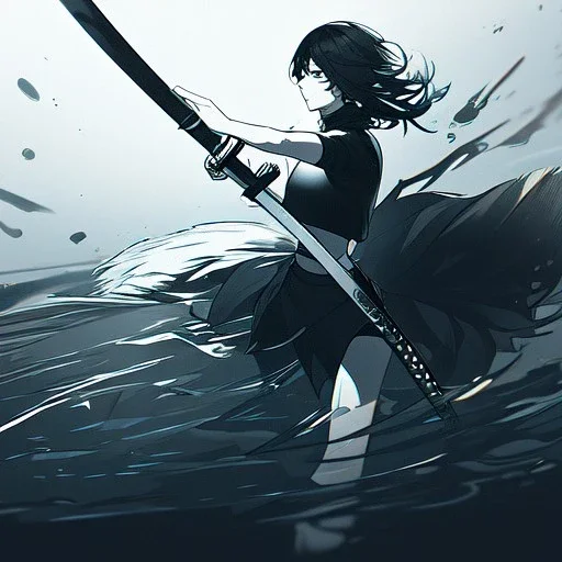 Clear focus,High resolution, black short fluffy hair, long fluffy bangs, and dark blue eyes, Depressed girl, wearing a black short shirt with a black sleeveless crop top, dark aura, controlling water, in a black room, holding a katana, Line art