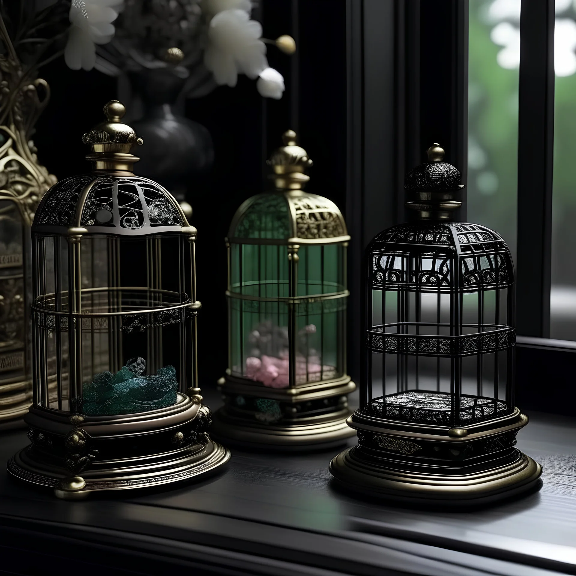 generate me an aesthetic image of perfume for Perfume Bottles in Vintage Birdcages