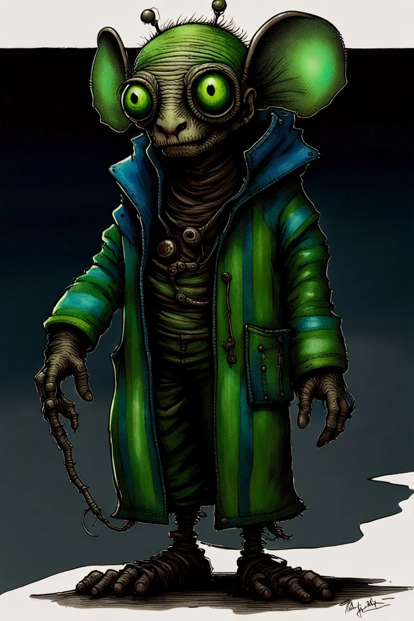 Artist Jean-Baptiste Monge style. A old biomorph male humanoid with Ant face. Bright eyes. A green and blue striped outfit. Modifiers: Tim Burton Craig Rutkowski Modifiers: neon glowing Iridescent black ink