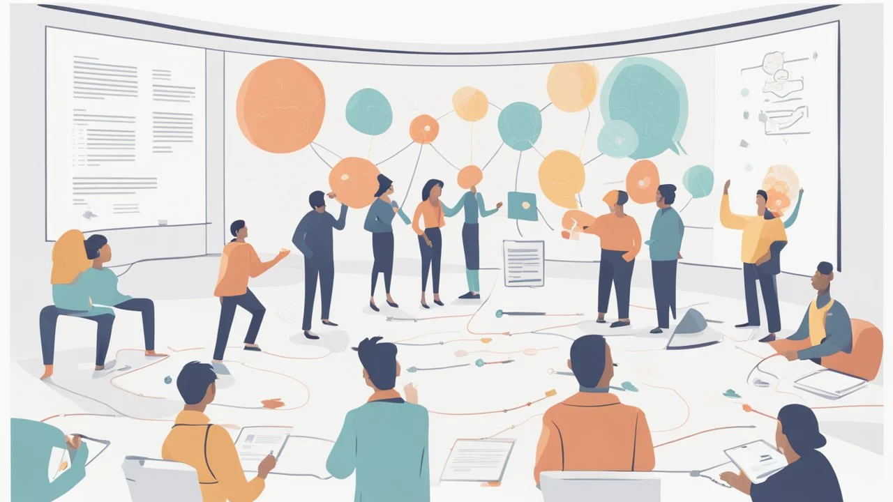 An image that conveys achieving success and skill development. The image depicts a group of individuals gathered in an inspiring teamwork session. They appear engaged in discussion and constructive exchange of ideas. In the background, a screen displays a chart or a conceptual map indicating various goals and pathways. Everyone appears enthusiastic and dedicated to collaborative work and continuous learning. The image reflects collaboration and a focus on achieving success through skill develop