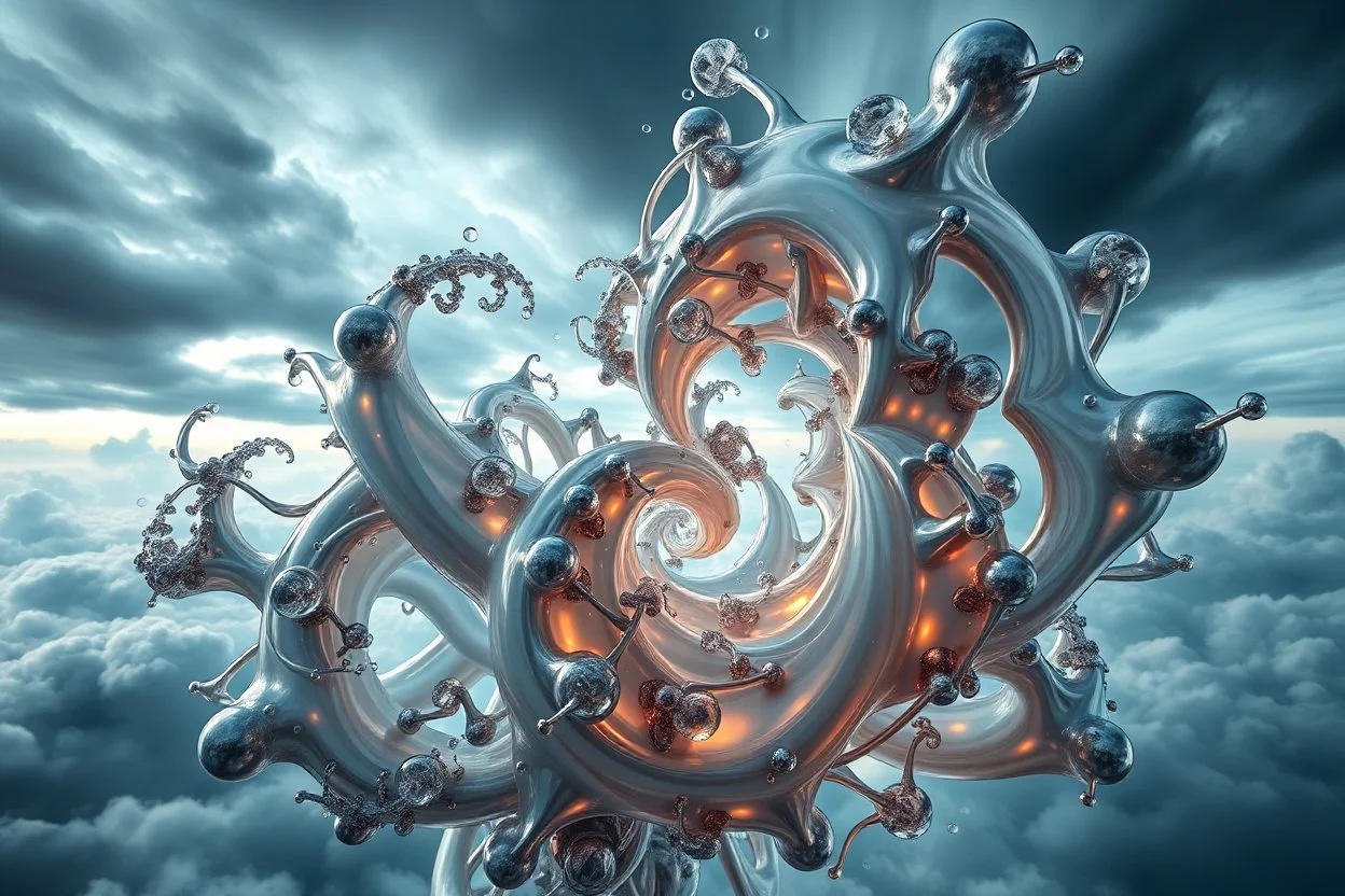 Dynamic complex hypnotic fractal 3D structures twisting and morphing between organic and geometric forms with horizontal Symmetry, smooth translucent iridescent glass with inner glow and bubbles, varied transparent materials, stormy skies, intense dramatic