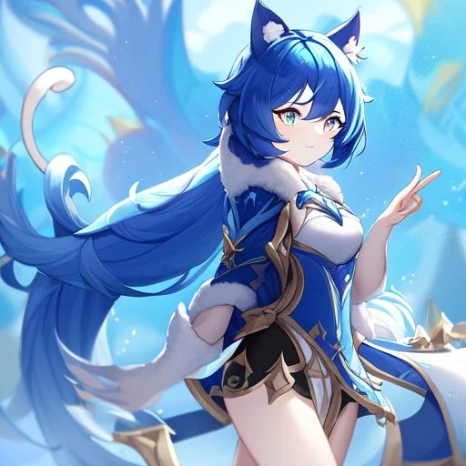 Clear Focus, High resolution, wearing a genshin uniform, fluffy hair and a long ponytail, blue hair, cat ears