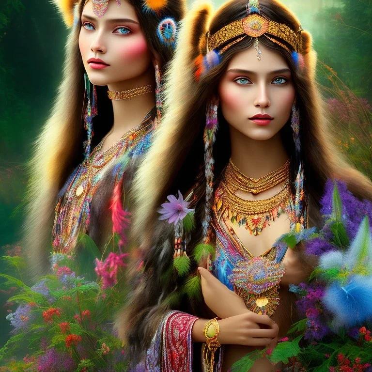 bright native american fairy, beautiful portrait, flowery landscape