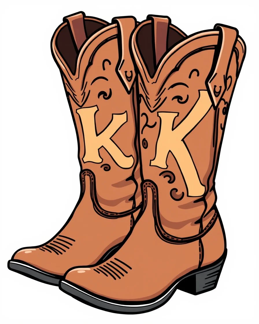a pair of cowgirl boots with a large "K" in the pattern on the side of the closer boot. Vector illustration