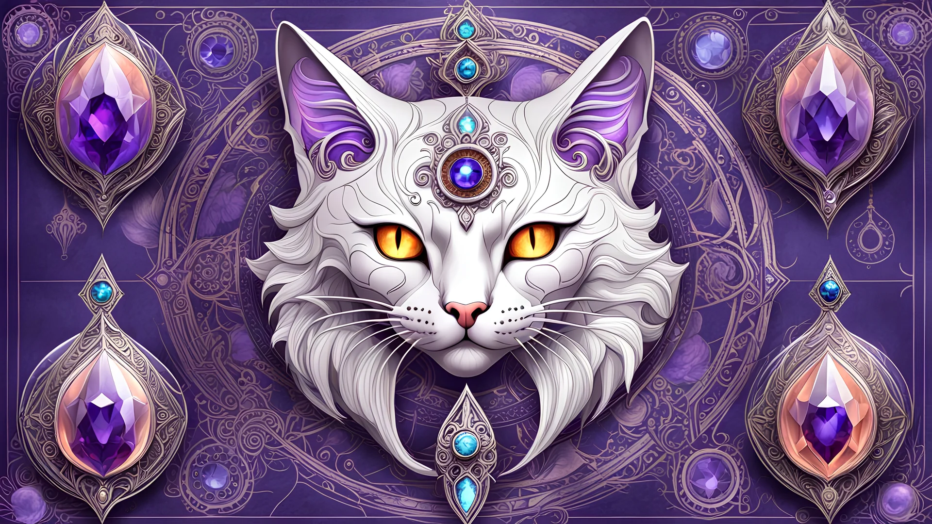 (JEWELED BLUEPRINT:1.5) schematic of (ghost-white:1.5)_ demonic_cat with purple and peach accents, weathered parchment background, surrealism, silver filigree edges, bold lines, vivid tattoo ink, shiny glass jewels, 8k resolution, epic, beautiful, masterpiece, trending on Artstation, ultra detailed, sharp focus, deep color, vibrant, wet, gloss