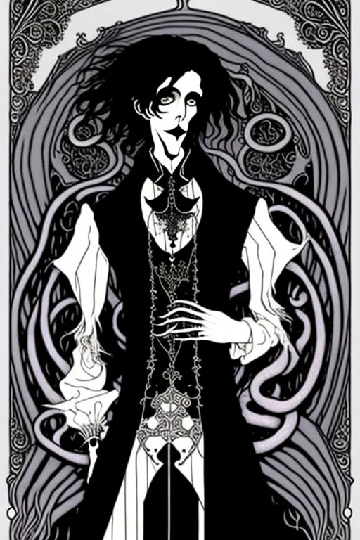 gothic creepy handsome black haired warlock with gothic jewelry and tentacle hands in the style of aubrey beardsley