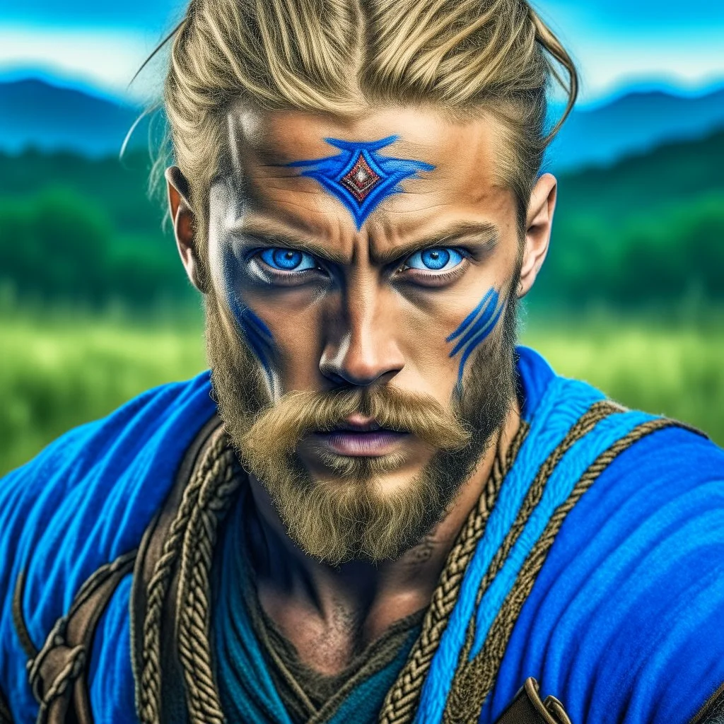 Blue eyed traditional blonde Viking man art with nature and swords in the background