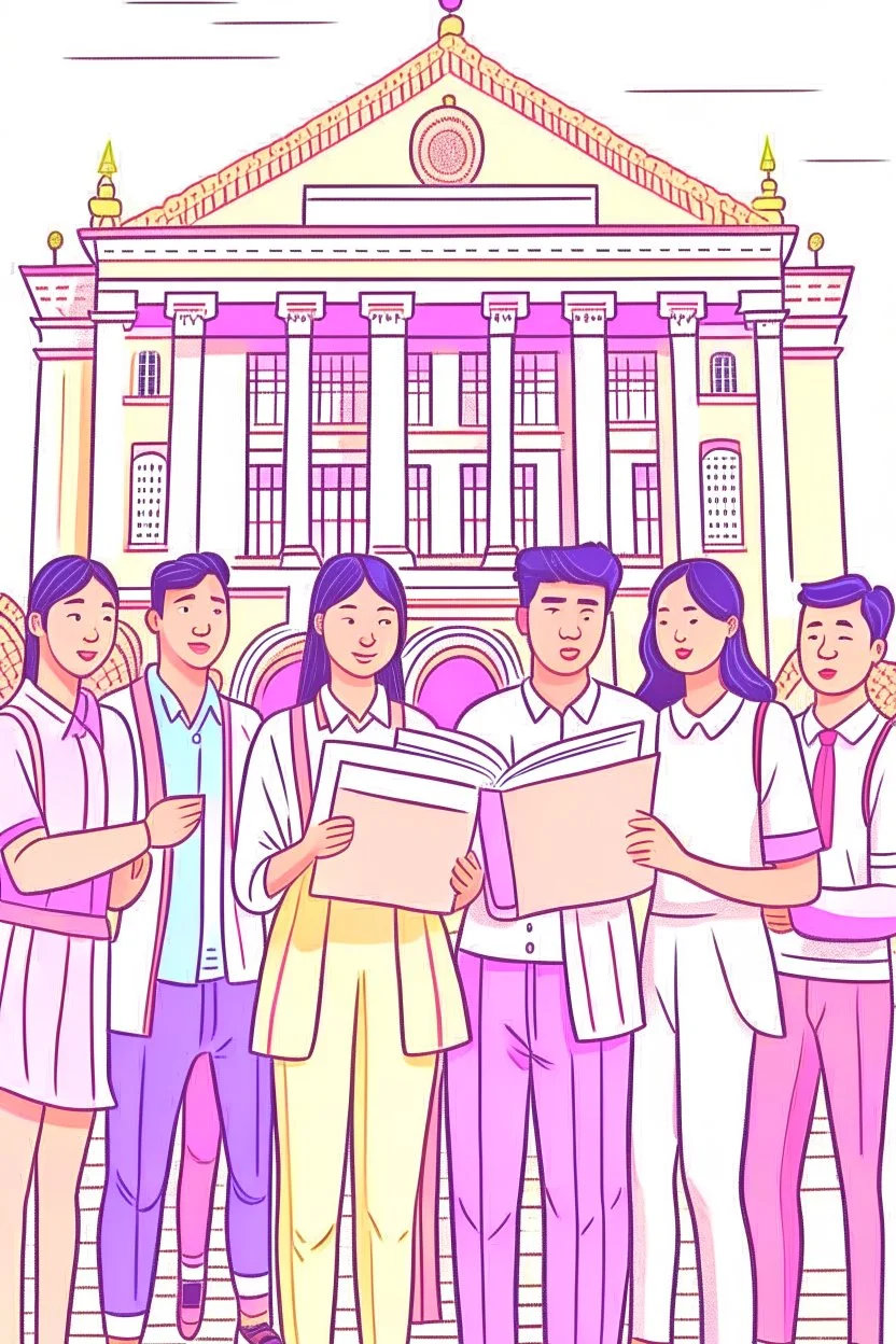 Ilustrasi beberapa sekelompok pemuda memegang salinan konstitusi Indonesia, dan berada di depan gedung konstitusi (ilustrasi warna pastel)