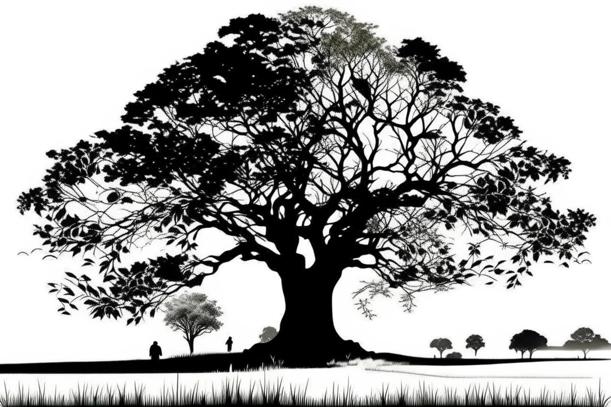 silhouette white background of beatuful scenic picture tree of life in meadow english countryside from a distance scenery painting