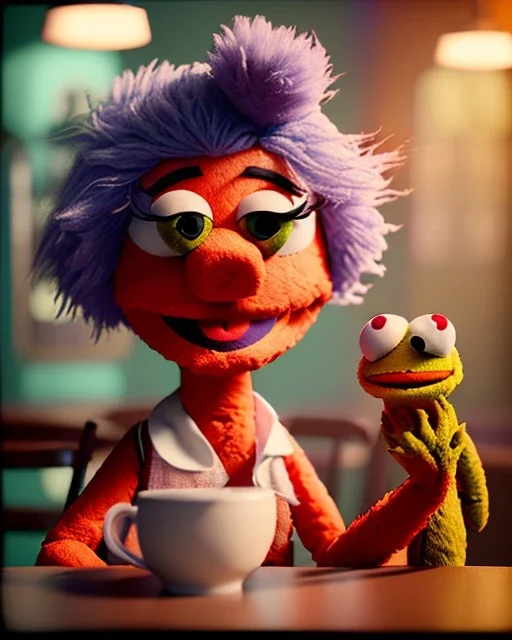 Pub scene, hybrid character, waitress woman with monster muppet mask that covers her entire head, retro style, Sesame Street style, smooth, unreal engine 5, god lights, ray tracing, RTX, lumen lighting, ultra detail, volumetric lighting, 3d.