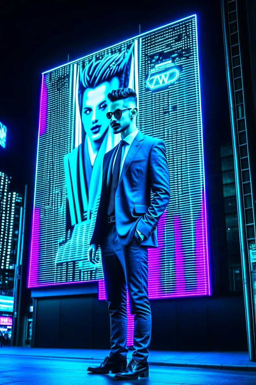 cyberpunk billboard of a man in a suit