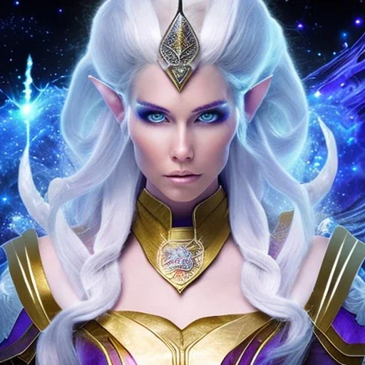 cosmic mage, elf, female, battle mage, epic, cosmic magic, long ears, white hair, face details, pale skin, jewellery, broad shoulders, glowing eyes, sharp ears, cosmic clothes, bright eyes, cosmic eyes, ears shown, light out of eyes, the cosmos in eyes, stars in eyes, shining eyes, small jaw, non human face, thin face, animation, detailed ears, magical eyes, non realistic