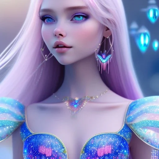  beautiful, soft, whide smile face,whole head, long blonde straight hair, blue eyes, fairy wings on the back, transparent crystal blue and pink clothes, background blue and pink, big definition, 8K