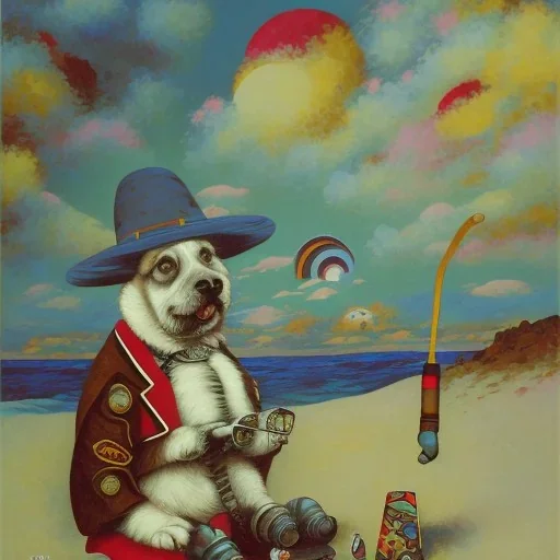 old dog smoking a pipe on beach by kandinsky