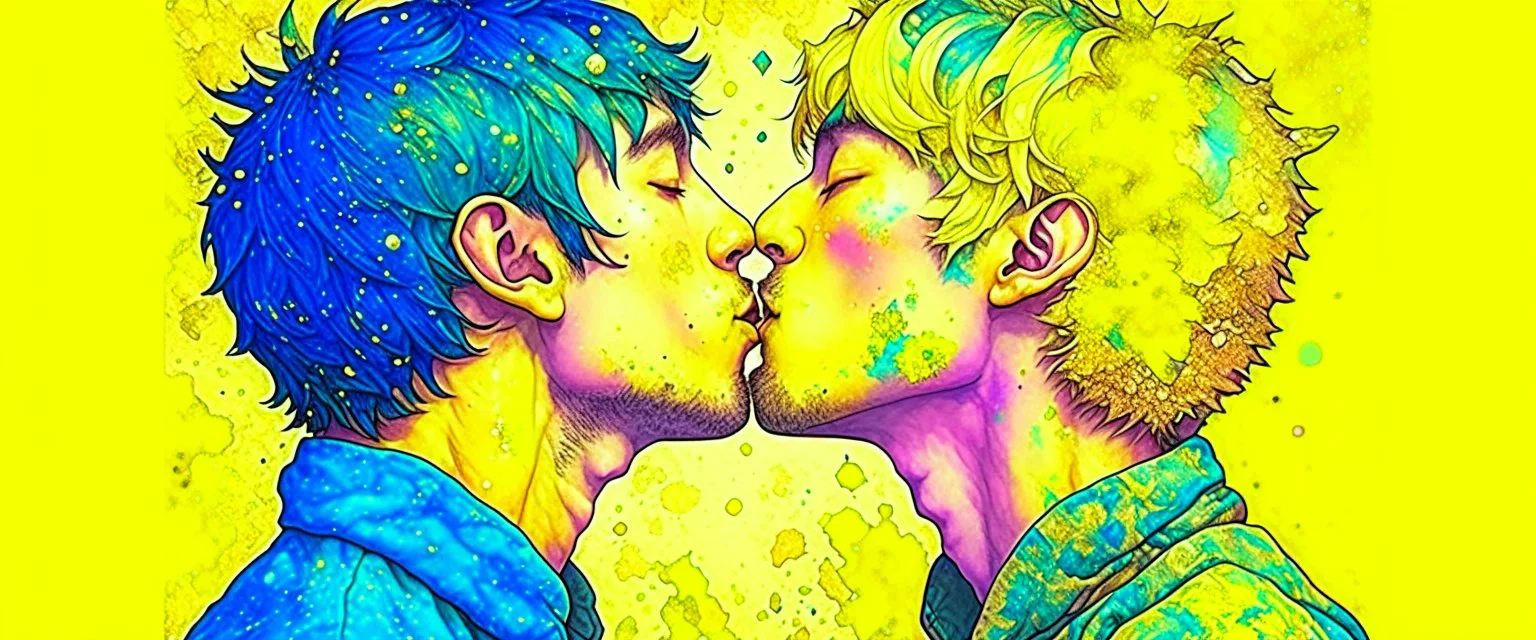 portrait anime man kissing man, ,yellow, stars hearts water, blue, watercolor, Yoshikata Amano, Edwin Landseer, Ismail Inceoglu, Russ Mills, Victo Ngai, Bella Kotak, hyperdetailed 8K resolution HDR DSLR, ultra detailed, ultra quality, CGSociety, intricately detailed, color depth, gliter, kiss