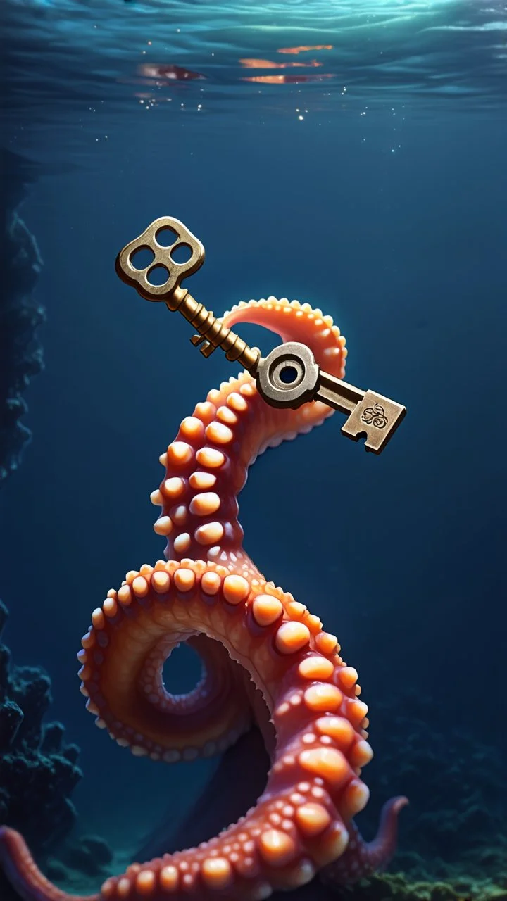 An octopus tentacle reaching out from the depths, holding an ancient key, flickering with light. It may be dark all around, but the key itself is bright and clear.