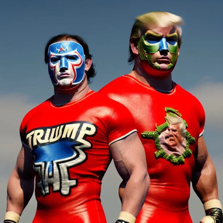 Realistic image of Donald trump wrestler, Mexican wrestling style, Mexican eyes wrestling mask, red and blue breeches, suspenders, retro style, 80s, vibrant color, highly detailed, sky background, concept art, unreal engine 5, god rays, ray tracing, RTX, lumen lighting, ultra detail, volumetric lighting, 3d, finely drawn, high definition, high resolution.