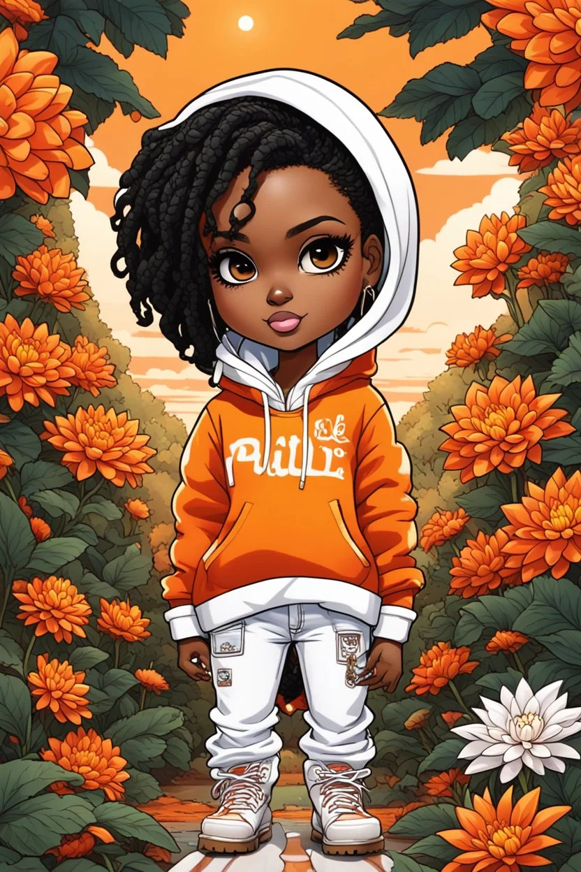 Create an colorful psychedelic comic book illustration of a chibi cartoon black female thick curvy wearing a cut of orange and white hoodie and white jeans and timberland boots. Prominent make up with long lashes and hazel eyes. Highly detailed shiny sister locs. Background of a large orange and white dahlia flowers all around her