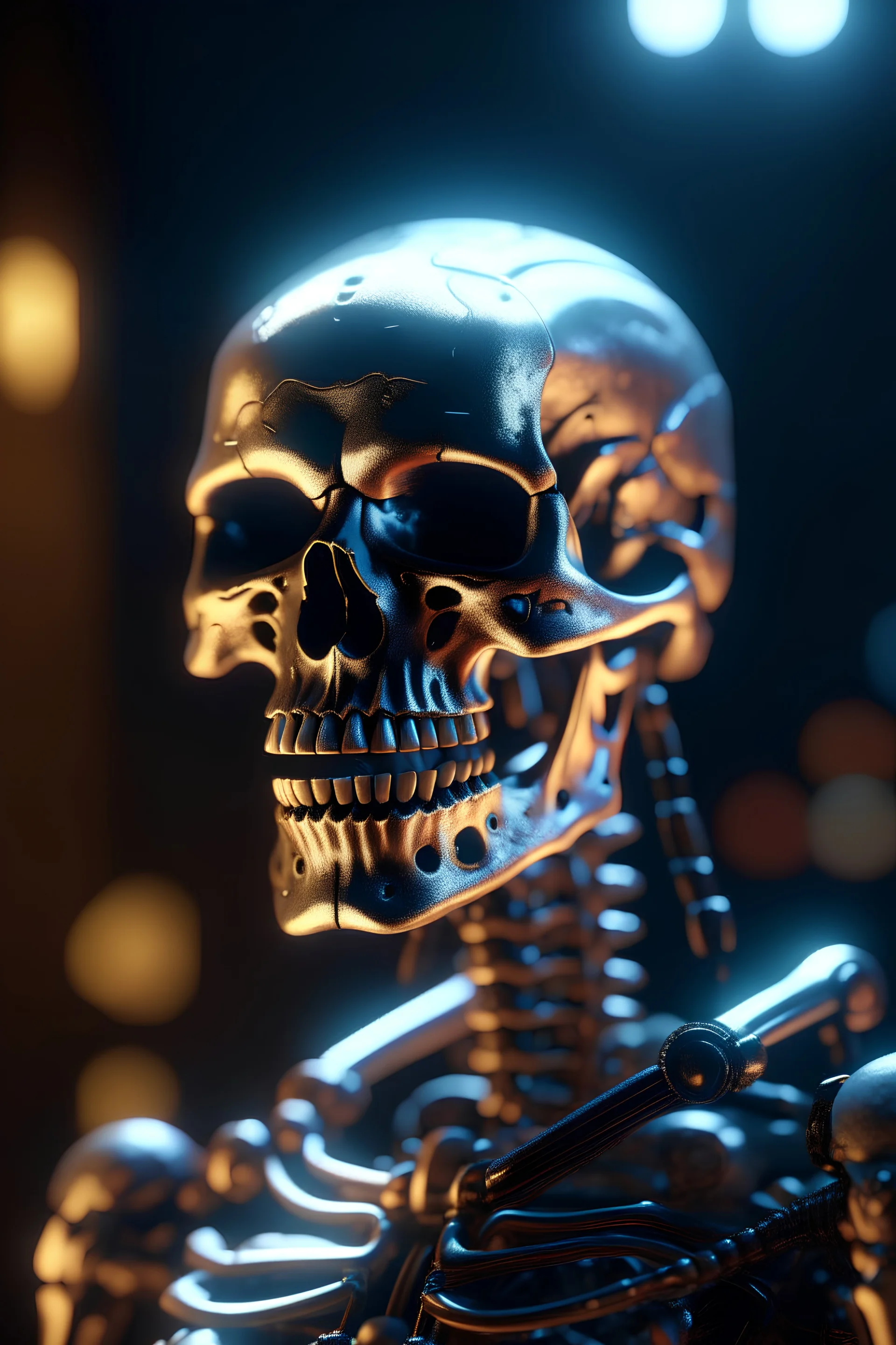 portrait of glowing skeleton cyborg grinning, zeiss prime lens, bokeh like f/0.8, tilt-shift lens 8k, high detail, smooth render, down-light, unreal engine, prize winning
