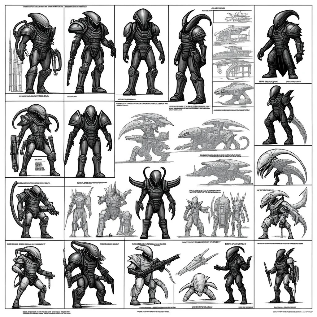 ConceptSheet blueprint [by by Kevin Eastman and Peter Laird]: a grid of sci-fi aligned group of xenomorph armours