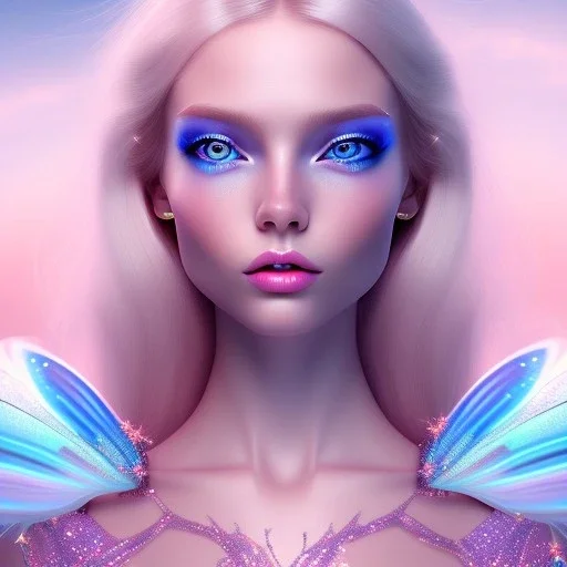  beautiful, soft, whide smile face, long blonde straight hair, blue eyes, fairy wings on the back, transparent crystal blue and pink clothes, background blue and pink, big definition, 8K