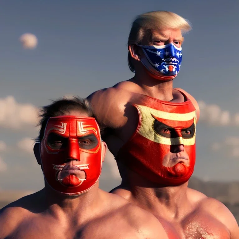 Realistic image of Donald trump wrestler, Mexican wrestling style, Mexican wrestling mask for eyes, red and blue breeches, glow confederate flag dress, suspenders, retro style, 80s, vibrant color, highly detailed, sky background, concept art, unreal engine 5, god rays, ray tracing, RTX, lumen lighting, ultra detail, volumetric lighting, 3d, finely drawn, high definition, high resolution.