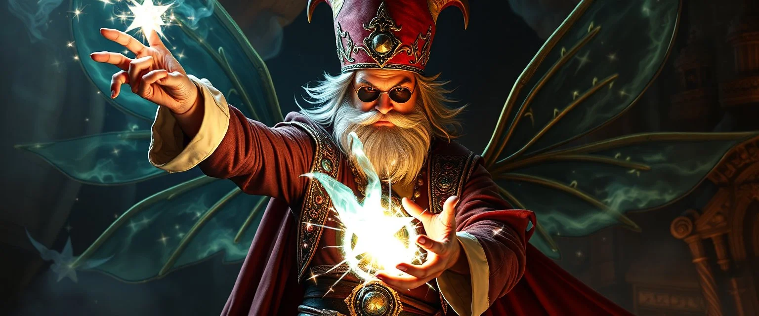 super duper mega rock star fairy thief priest dungeons magician throwing a wild magic spell that performs