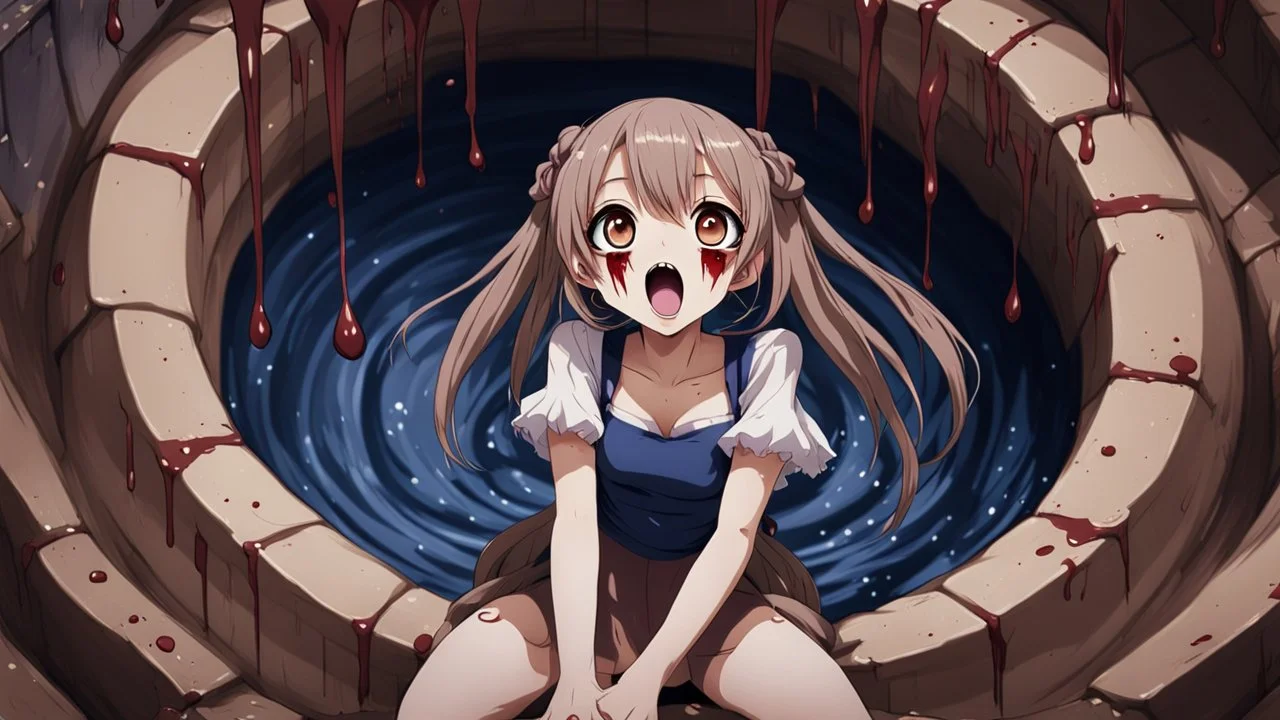 Anime girl with big eyes, darkblue and sepia tones, fullbody, slime, the perspective looking up from the bottom of an empty well, rolling eyes, tongue out, blood drip, open mouth,