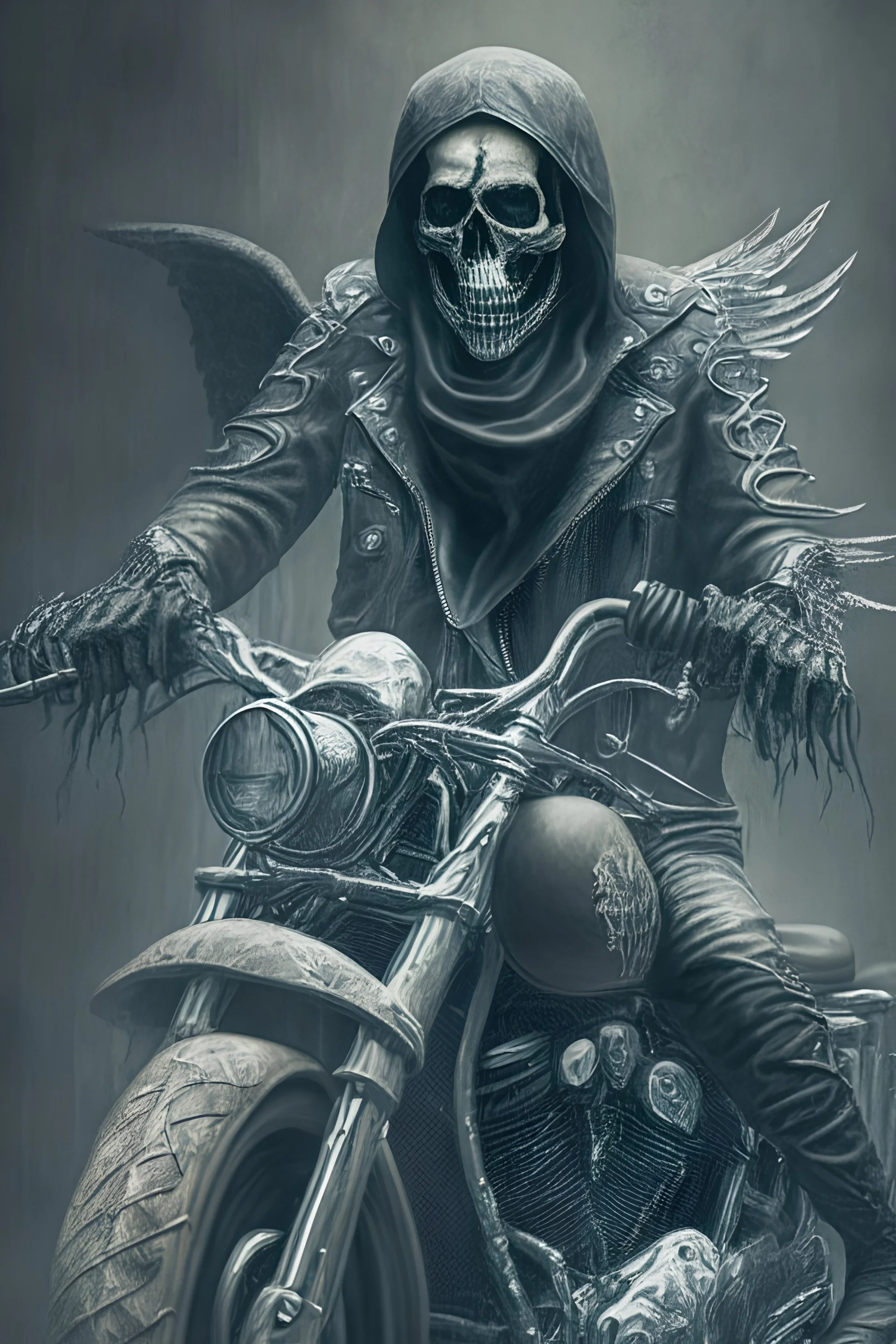 A menacing figure of death, a skeletal figure cloaked in a classic biker's attire, rides a vintage motorcycle as it is part of a motorcycle club as hells angels. Photorealistic digital art.