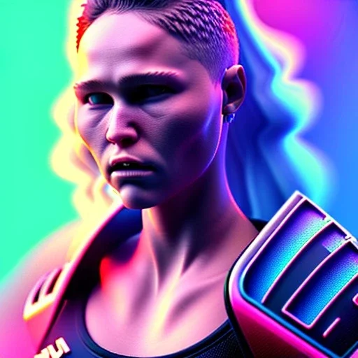 ronda rousey, hyper realistic, cyberpunk style, shaved hair, latex, gradient color, BLUE, PINK, CYAN, neon, insanely detailed, 16k resolution, perfect eyes, cinematic smooth, intricate detail