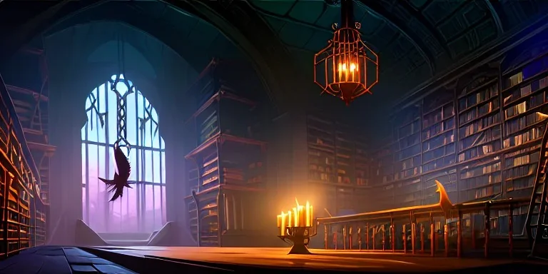 Neverending Massive magical ancient library, fantasy, with multiple bird cages hanging from ceiling, misty