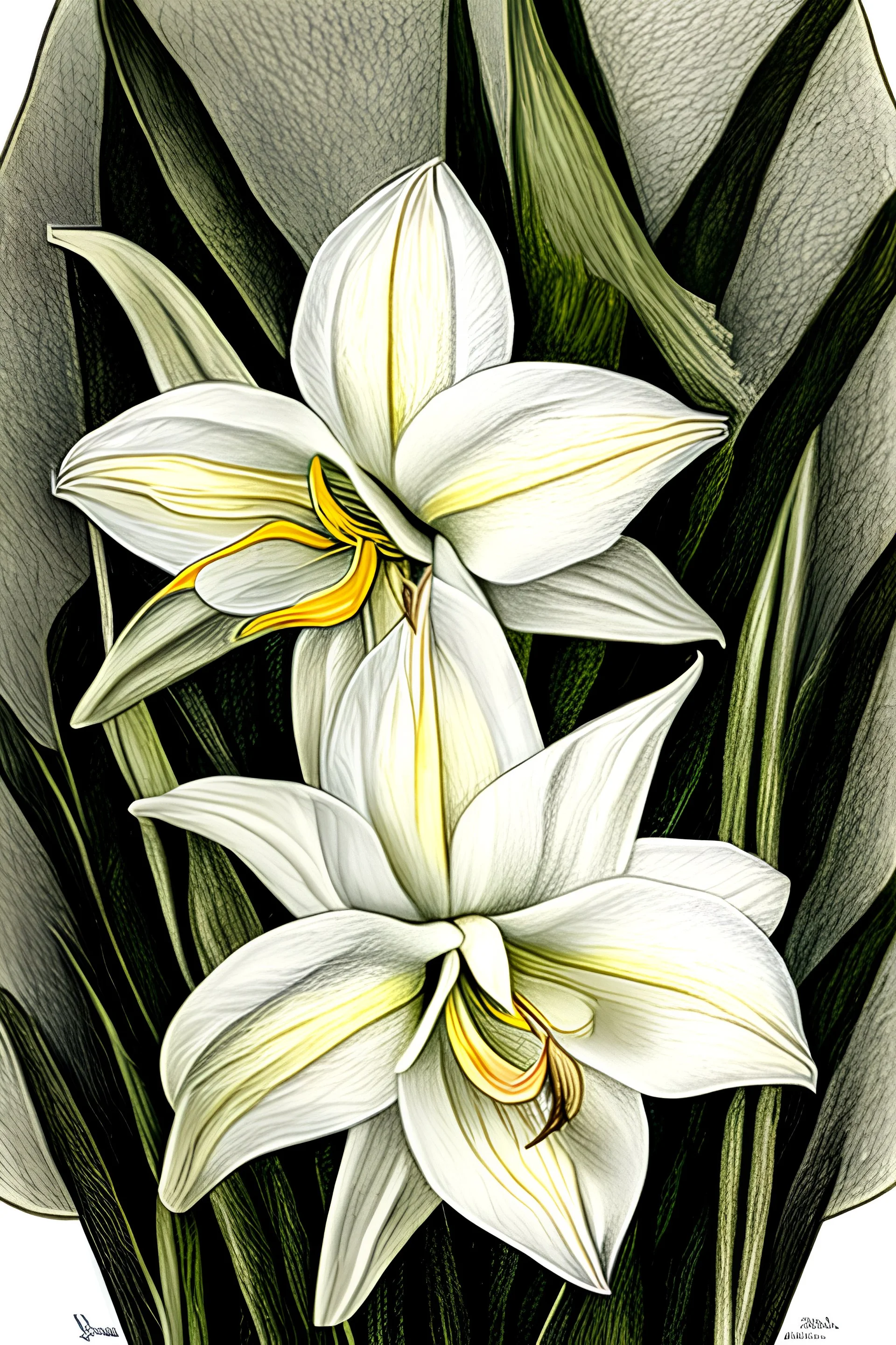 Lent lily, Narcissus pseudonarcissus, colored pencil drawing, smooth colors