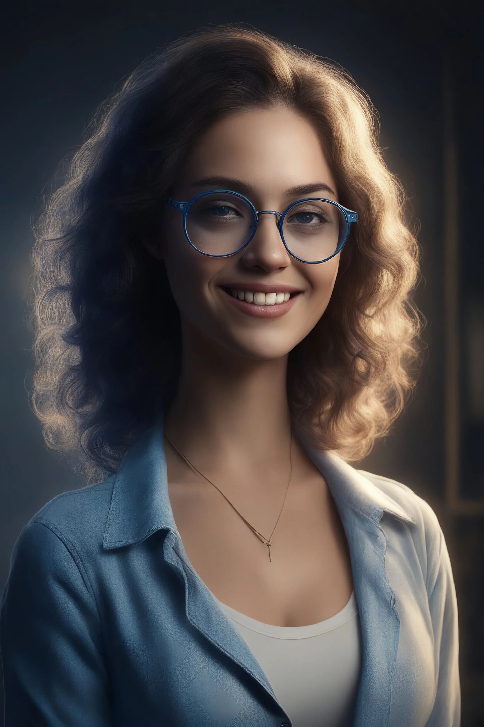 werewoman wearing a pair of blue round lensed glasses, Chiaroscuro lighting, deep shadows, rich deep colors, masterpiece, full body portraits, 8K Ultra-HD, Hyper Realistic, Photorealistic, Realistic, focused, Clear, Extremely Detailed, beautiful, Cinematic, proportionate, full color, an image of a smiling young female Werewoman with short, pixie-cut bleached white hair, tapered on the sides, , big, gold hoop earrings, big happy smile, a foggy, cloudy blue background