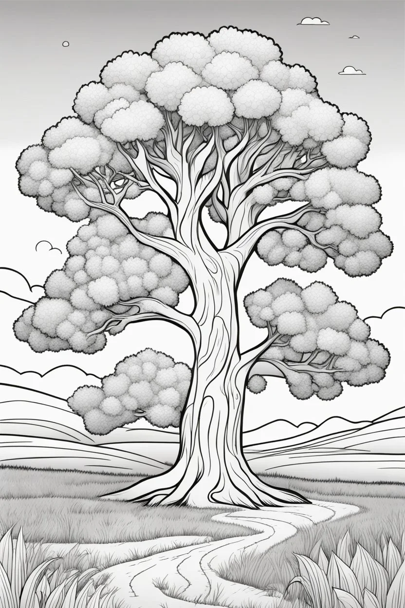 coloring page, tree in a meadow, cartoon style, thick lines, low detail, no shading