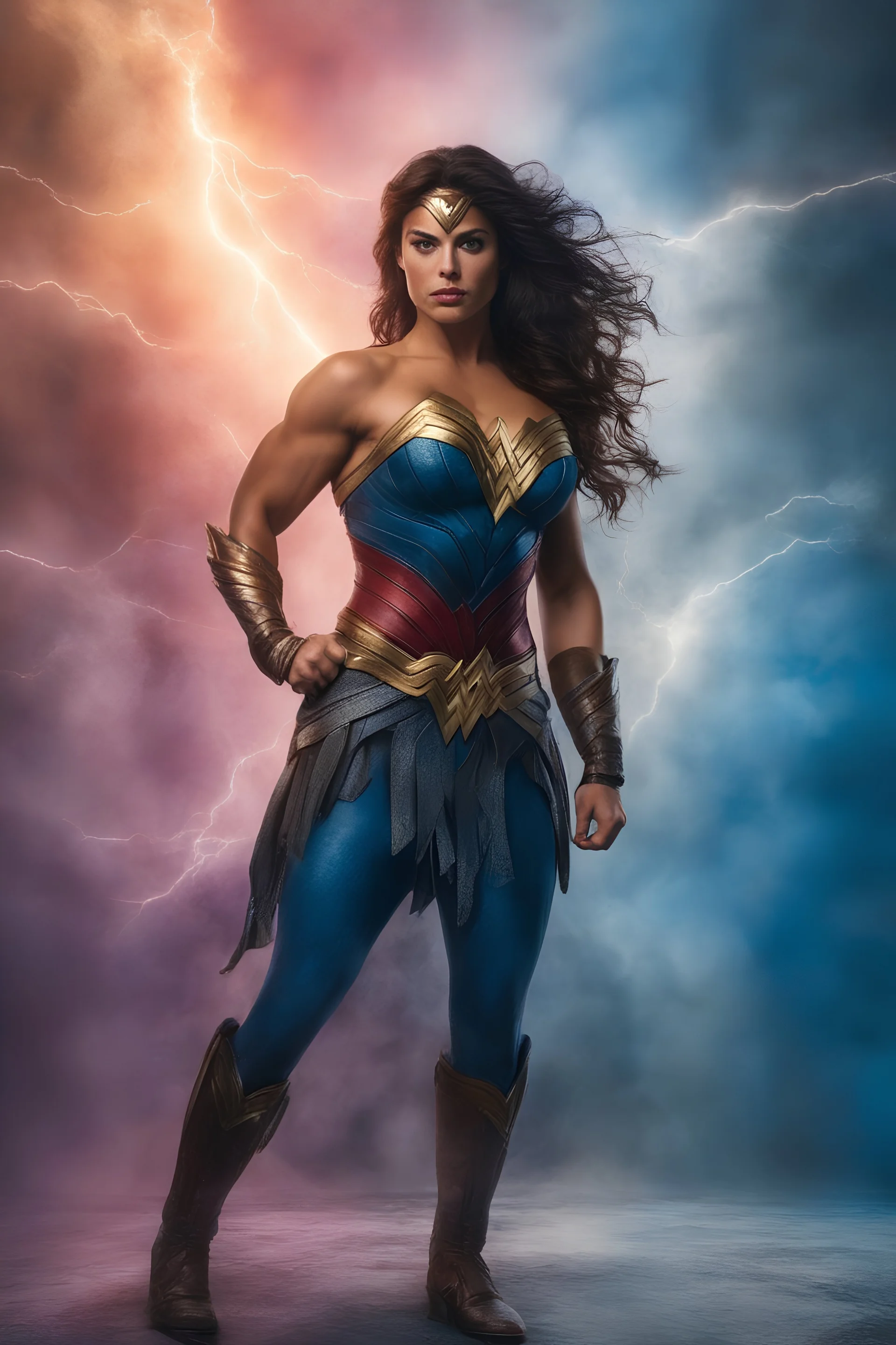 wonder woman extremely huge, overexaggerated muscles, posing and flexing in a front of the camera, random extreme action poses, an extremely colorful, multicolored foggy blue marble wall in the background with a colorful marble tile floor, multicolored lightning, realism engine,