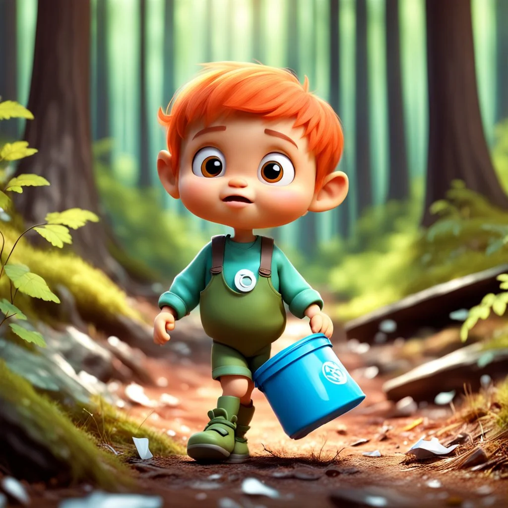 a very little Cute Figure, with cute face, collects trash in the forest, pixar style