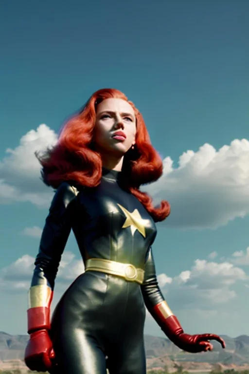 retro portrait image from 1960, sky background, wind, long red hair, fighting stance, sweet young Scarlett Johansson, black dress, classic long tight lycra black suit, gold bracelet and belt, high heel boots, superhero style, soft color, highly detailed, unreal engine 5, ray tracing, RTX, lumen lighting, ultra detail, volumetric lighting, 3d, finely drawn, high definition, high resolution.