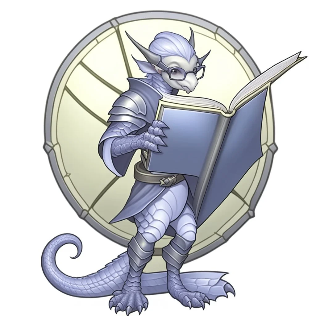 A dragonoid human with grey scales and large glasses along with a long, flexible tail, studying a magical shield in the shape of an octagon