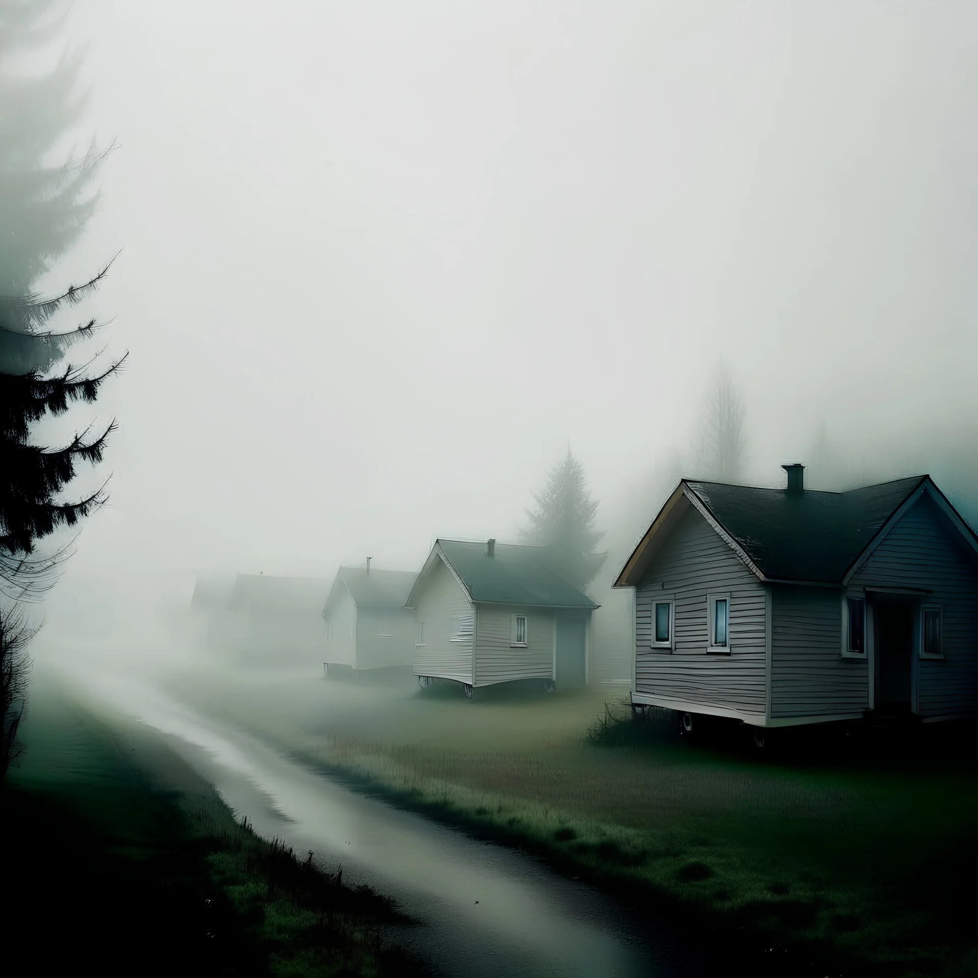 a eerie dreamy photo of several identical houses lined up with fog in the background liminal space