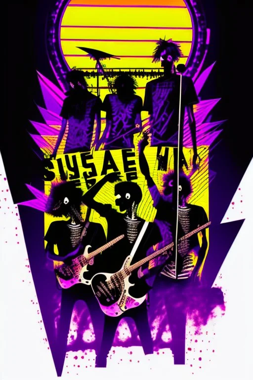 upclose tshirt print of a band,text on print - "Mashup", cool and trendy mix between modern music and 90s funk, selective colors, skeleton shadow figures jamming in the sunset, drums, guitars, fluits, chaotic