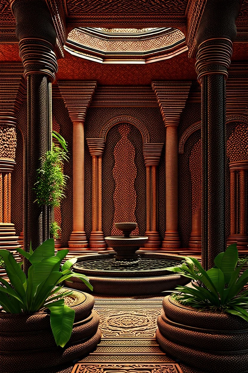 overgrown Hindu Temple atrium, nature, ancient black marble columns and terracotta tile floors, intricate wall carvings, waterfall, ultra-high quality, octane render, corona render, UHD, 64k, sharp details