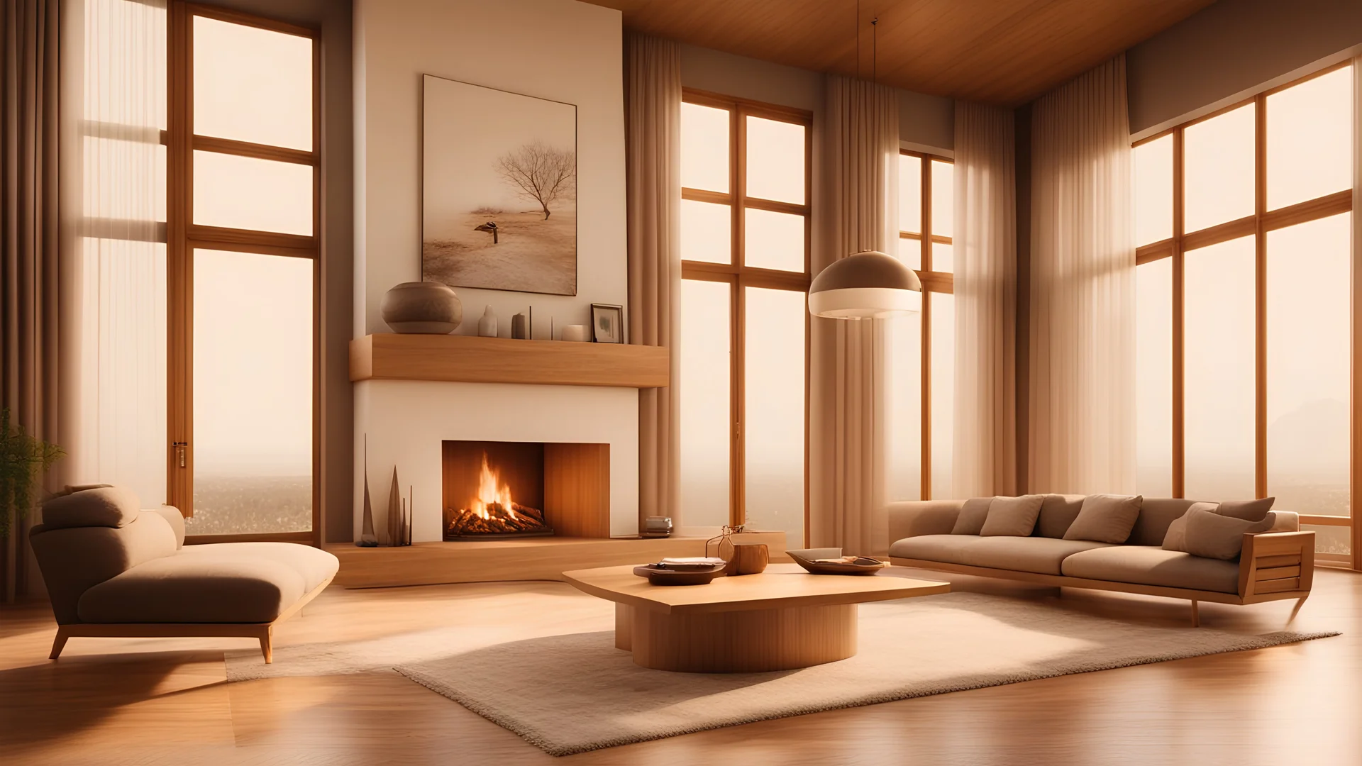 fire place in the middle of the room, high ceiling, warm natural wood palette, rainy weather, interior design magazine, cozy atmosphere; 8k, intricate detail, photorealistic, realistic light, wide angle, kinkfolk photography, A+D architecture --ar 2:3 --s 750