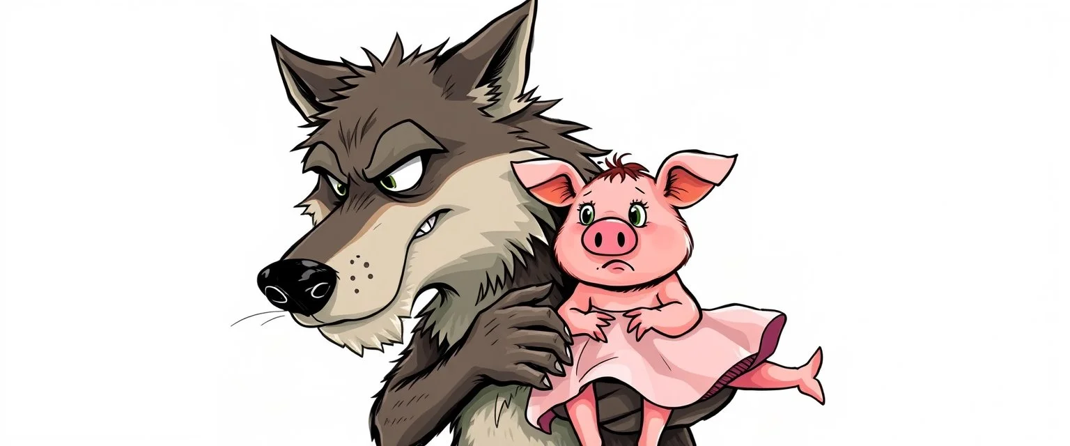 wolf carrying a lovely scared pig girl with dress under his arms , stupid cartoon, airbrush and pen outline