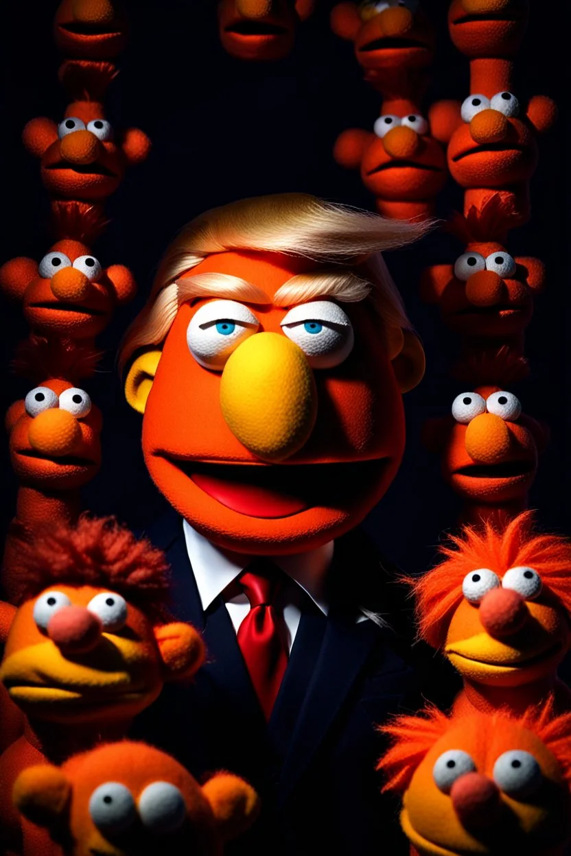 Waist up Angry muppet Portrait of Accurately representing Angry evil Orange Donald J Trump as muppet doll made of felt, president, photo studio, black background, unreal engine 5, concept art, art station, ray tracing, lumen lighting, ultra detail, volumetric lighting, 3d. He looks 80 years old.