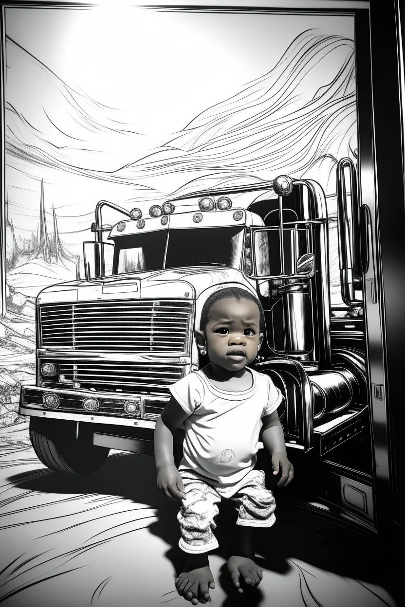 Outline art, no shading, fire turck on the road, cartoon style, black and white, low detail, --ar 9:11