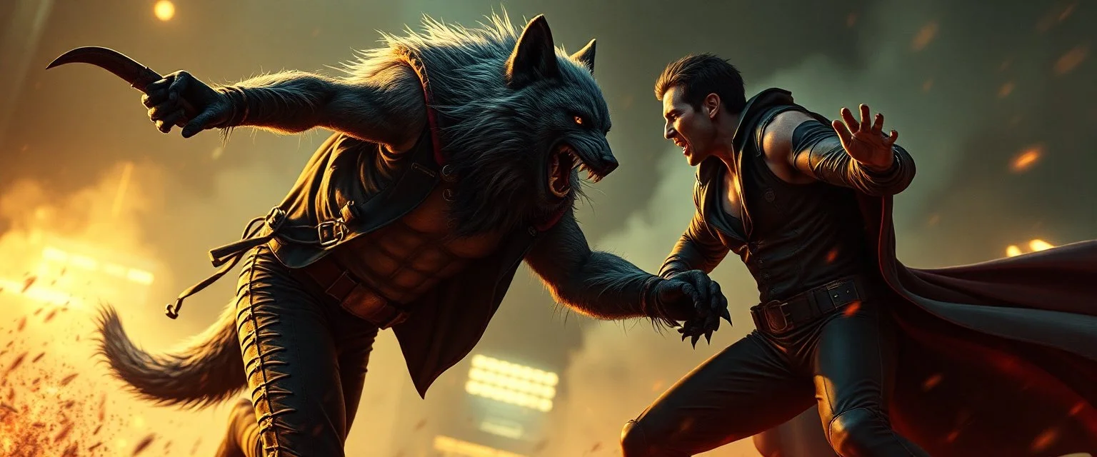 werewolf vs vampire cyberpunk action scene, acrobatic dodge, cape harlekin