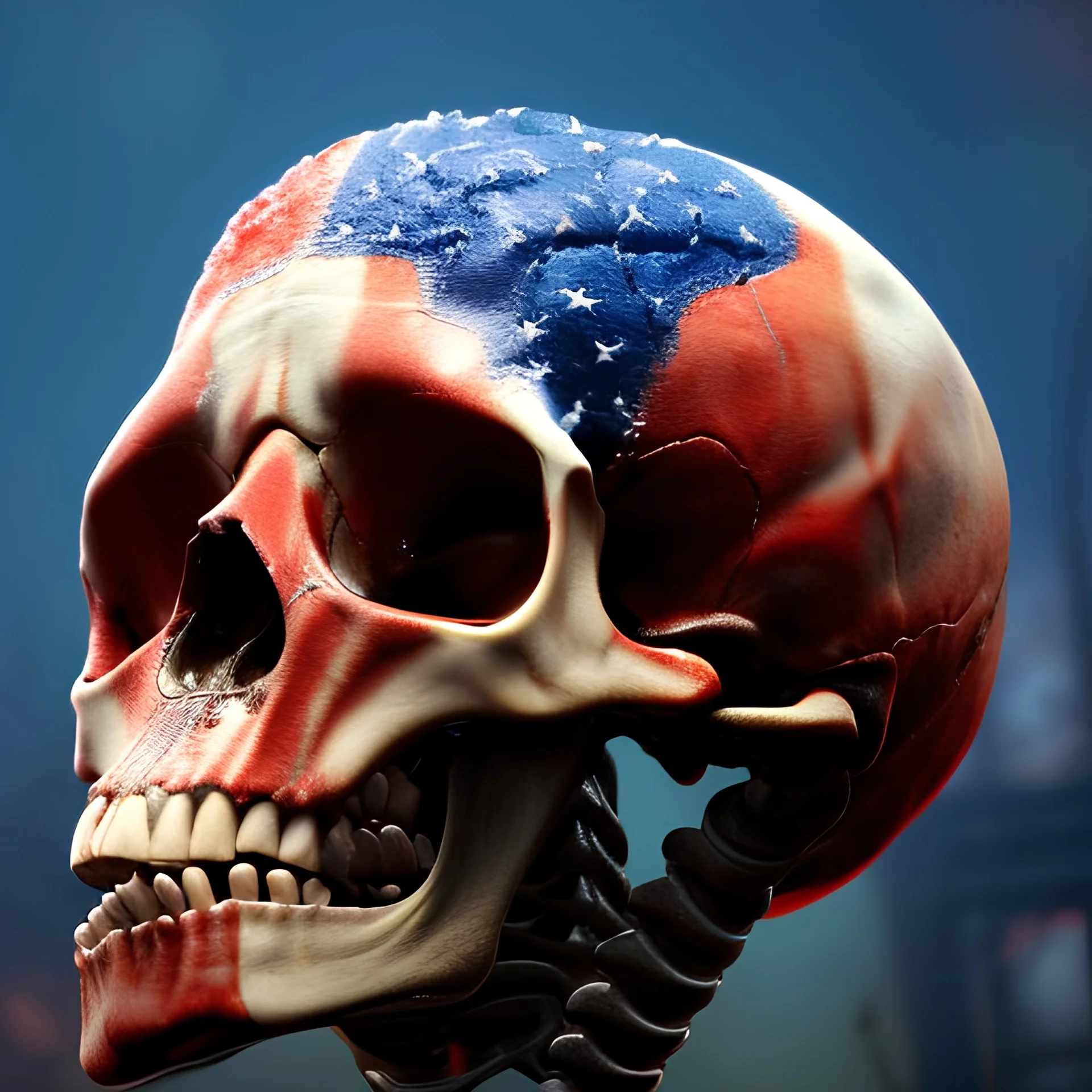 a picture of a dark, comedic, anatomically correct wall of red white and blue tightly packed stacked skulls of varying sizes and expressions, photo realistic, insanely meticulous, highly detailed, part of a collection of bones on display, 64k, dystopian, vray, anatomically correct