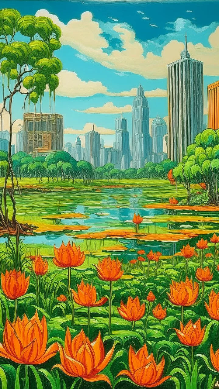 A green swamp with fiery orange lilies near a city designed in Navajo woven art painted by Alfred Sisley