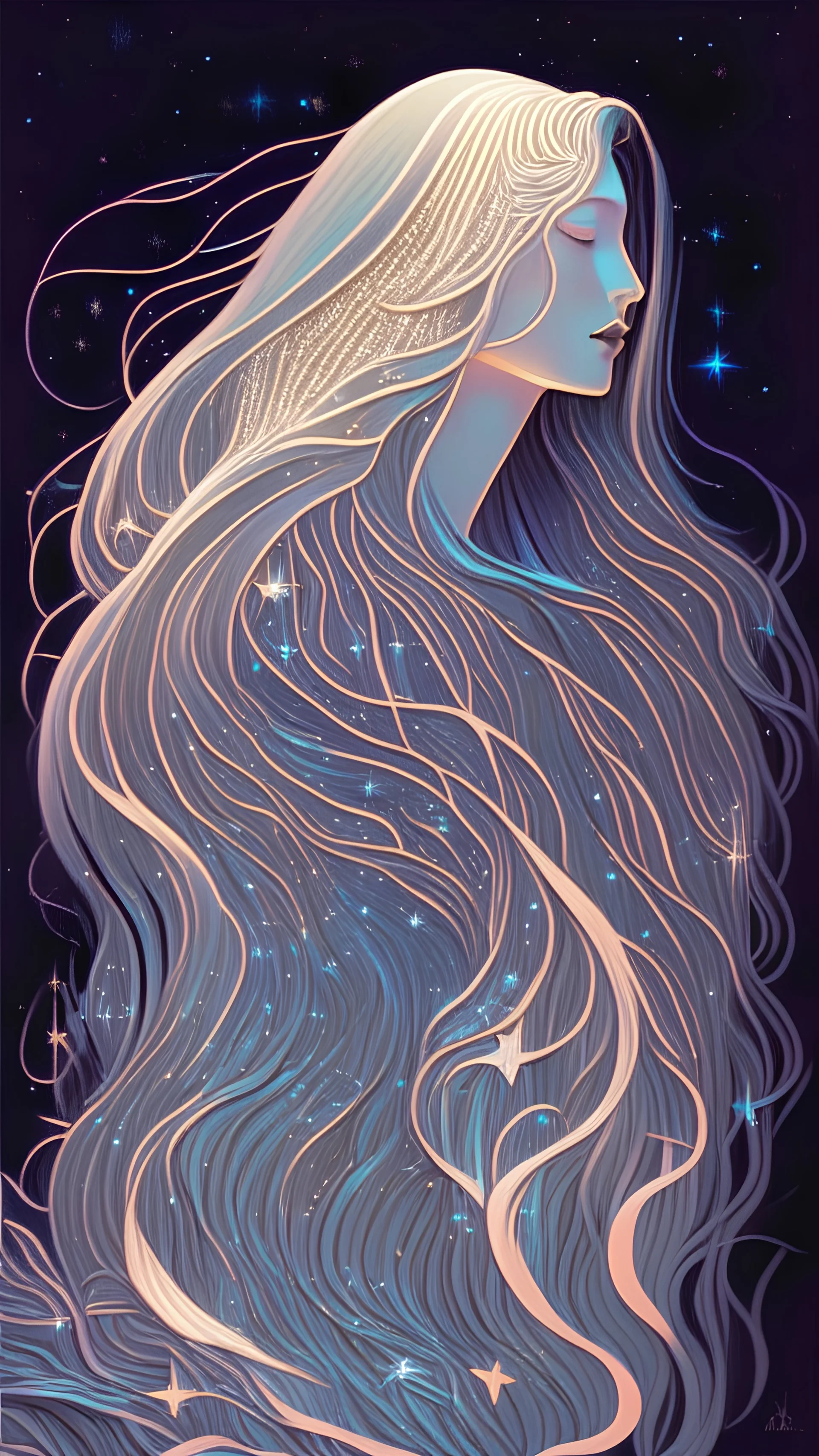 Long Hair and stars style of erte iridescent
